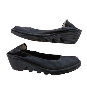 Fly London Yoni Black Suede Wedges Ballet Flats Leather Heels